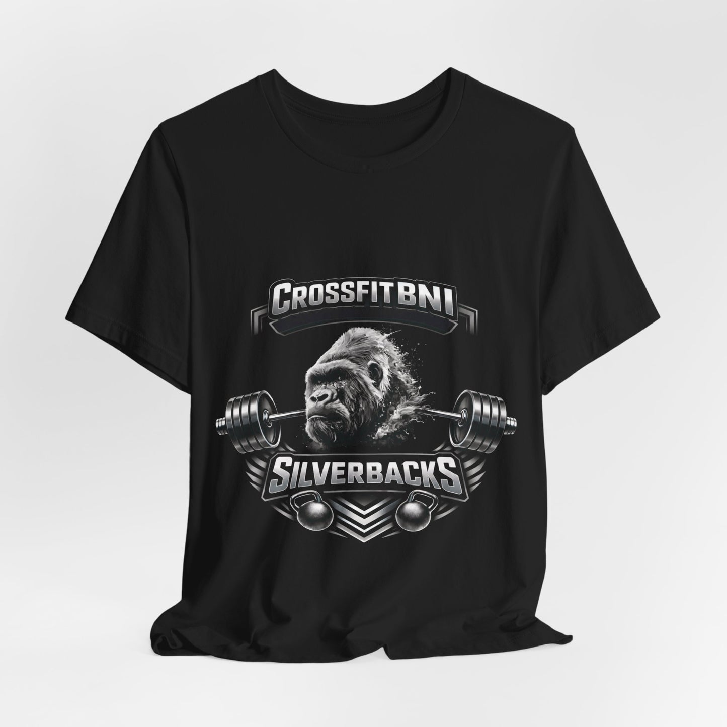 CrossFit BNI Silverbacks T‑Shirt — Weightlifting Gym Tee with Gorilla Barbell Design